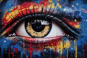 A close-up view of a painted eye. Perfect for art enthusiasts and those looking to add a unique touch to their decor