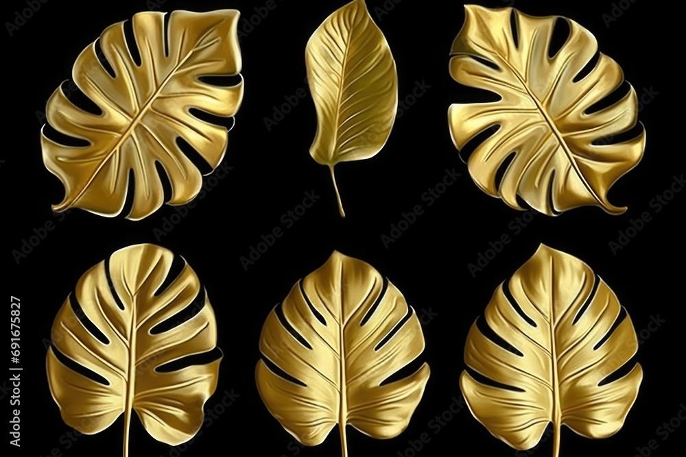 Poster a collection of four golden leaves on a dark black background. perfect for adding a touch of eleganc