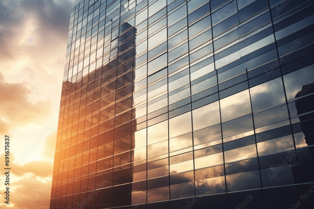 Poster A tall building is reflected in the windows of another building. This image can be used to depict urban architecture and modern cityscape