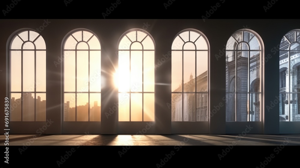 Poster Sunlight shining through the windows of a building. Ideal for architectural and interior design concepts