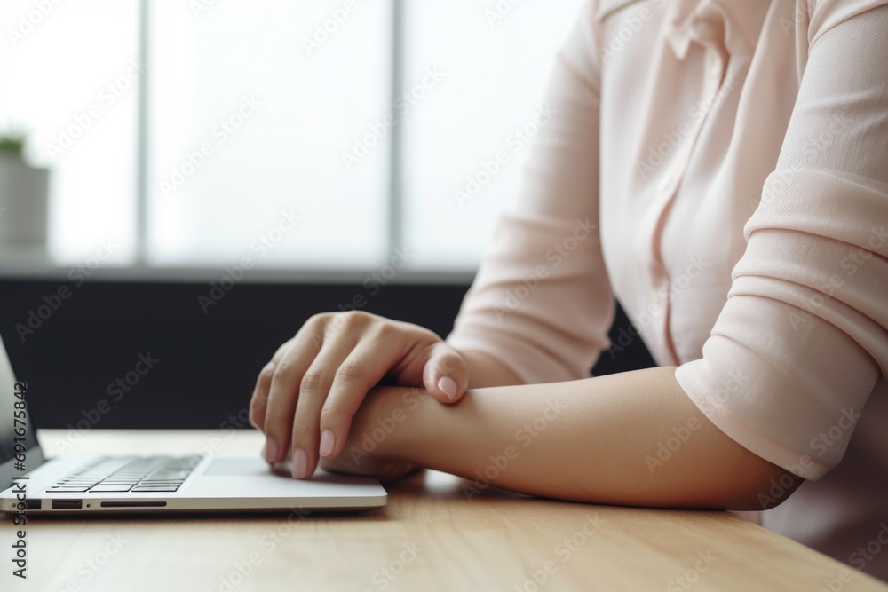Poster a woman is sitting at a table, using a laptop. suitable for various business and technology concepts