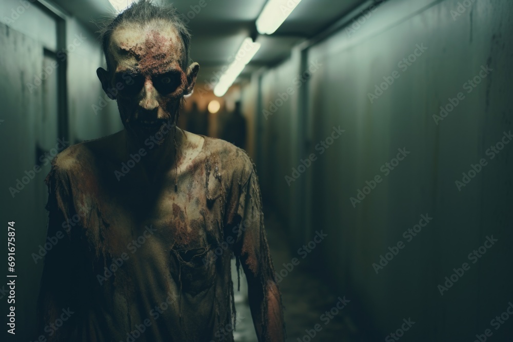 Poster A creepy looking man standing in a long hallway. This image can be used to create a mysterious and suspenseful atmosphere