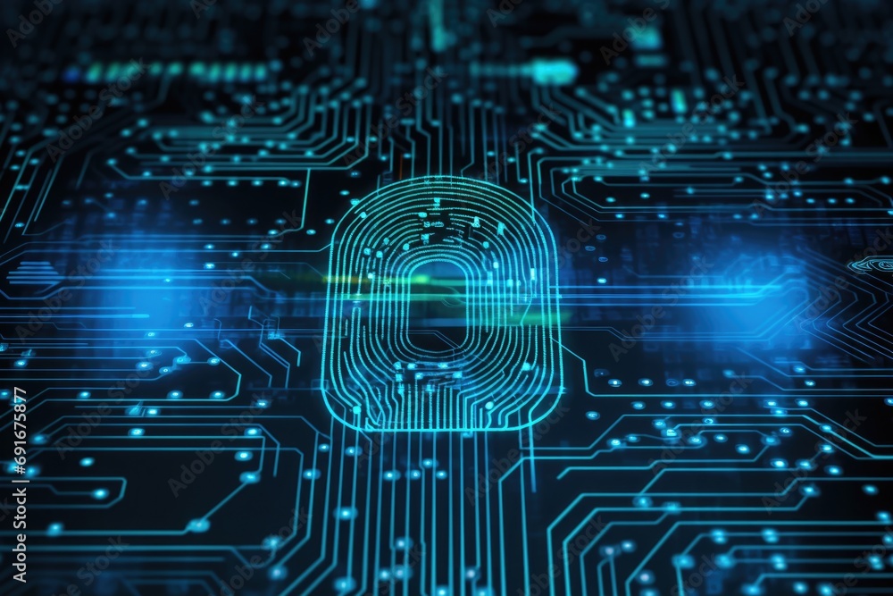 Poster A close-up image of a circuit board with a clear fingerprint on it. This picture can be used to depict technology, security, identity, or data privacy