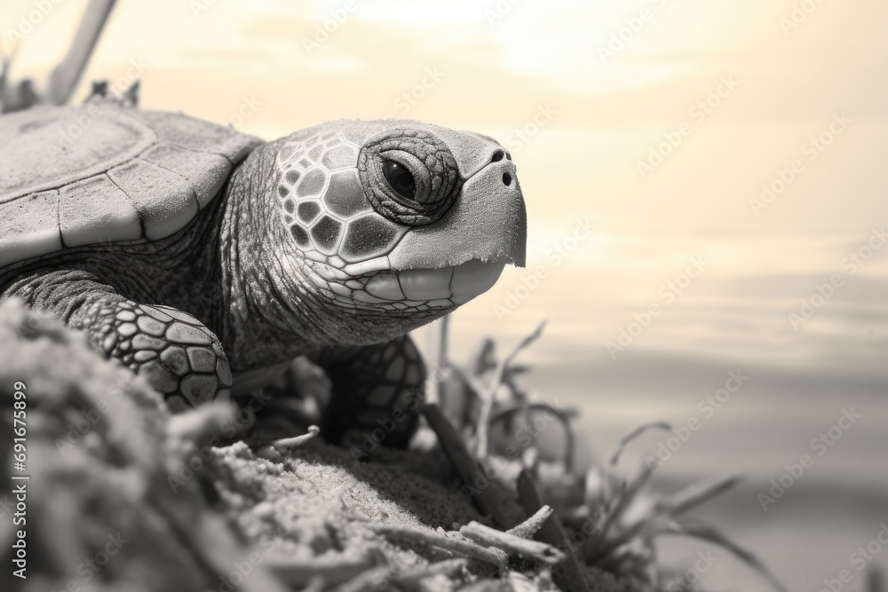 Poster a black and white photo of a turtle. suitable for various uses