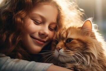 A girl embracing a cat with her eyes closed. Can be used to depict love and affection towards pets