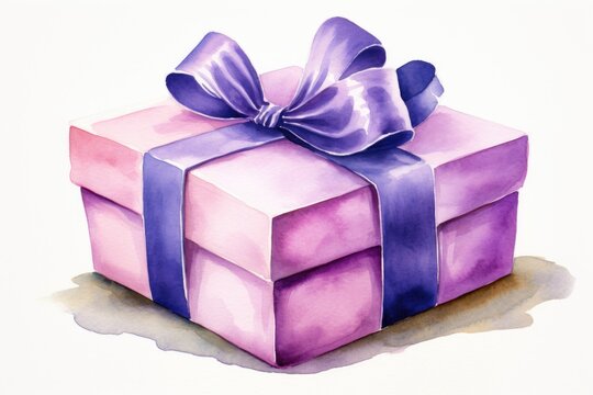 A beautiful watercolor painting of a purple gift box. This versatile image can be used for various occasions and themes
