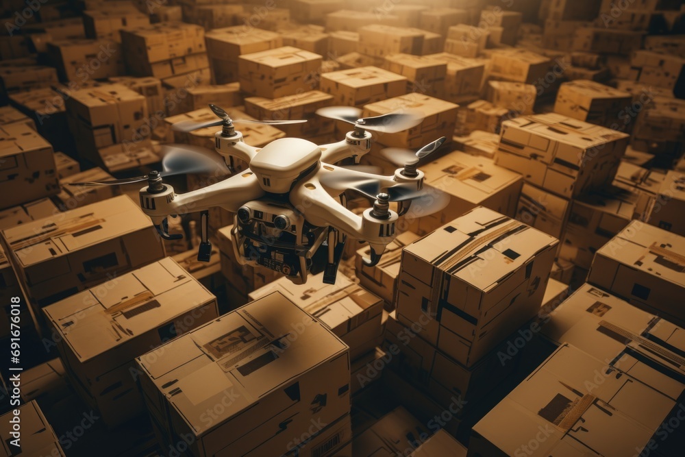 Poster a drone is captured in flight above a collection of boxes. this versatile image can be used to depic