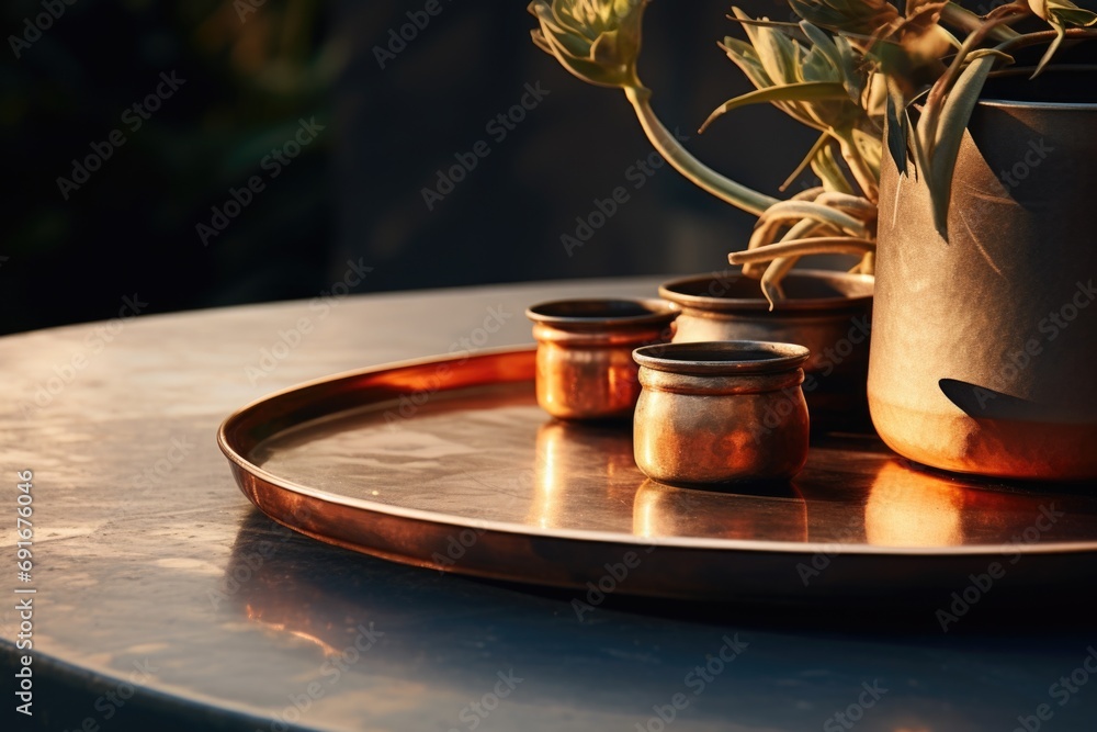Poster a metal tray with cups and a plant. perfect for adding a touch of elegance to any space