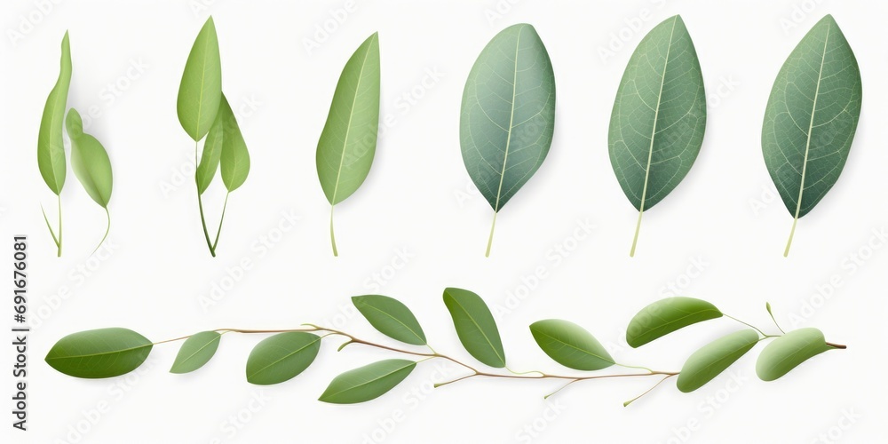Poster green leaves of various shapes and sizes on a clean white background. suitable for botanical and nat