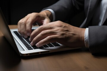 A close-up view of someone typing on a laptop. Suitable for illustrating technology, work, or remote work concepts