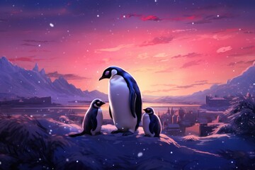 A group of penguins sitting on top of a snow covered hill. Can be used to depict unity, teamwork, or the beauty of nature