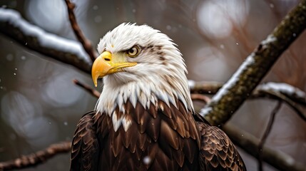 Obraz premium A Majestic Bald Eagle Surveying Its Kingdom from a Tree Branch