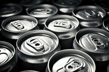 A collection of soda cans arranged together. This image can be used for advertising, recycling campaigns, or in articles about beverages