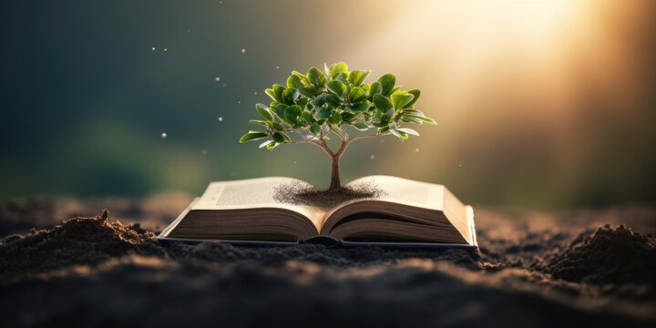 An open book with a plant growing out of its pages. Perfect for illustrating growth, learning, and the power of knowledge