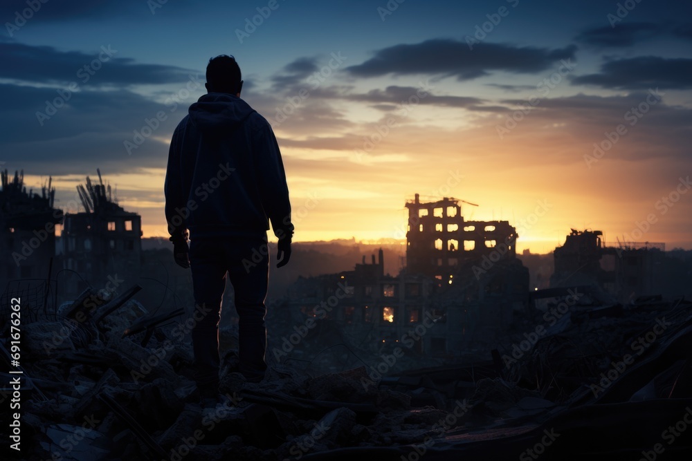 Poster a man standing in front of a destroyed building. this image can be used to depict urban decay or the