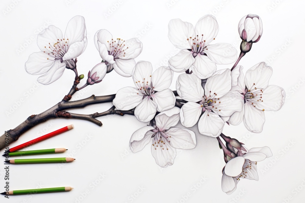 Poster a beautiful drawing of a cherry blossom created using colored pencils. this artwork can be used for 