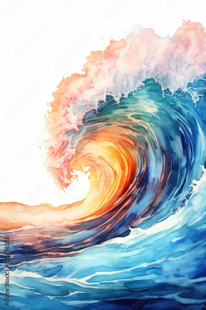 Poster a beautiful watercolor painting of a powerful and majestic large wave. perfect for adding a touch of