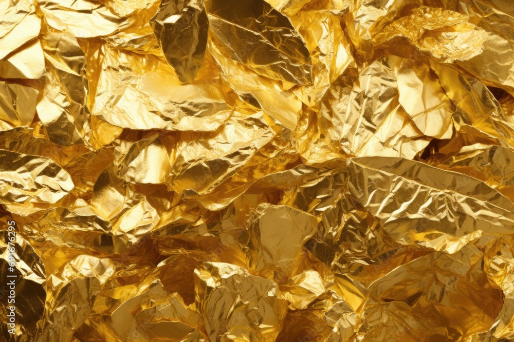 Poster a close-up shot of a bunch of gold foil. perfect for adding a touch of luxury and glamour to any des