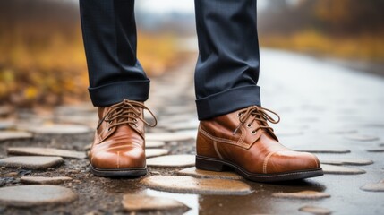 A man in brown shoes standing on a wet road, ready to take on the challenges that lie ahead.