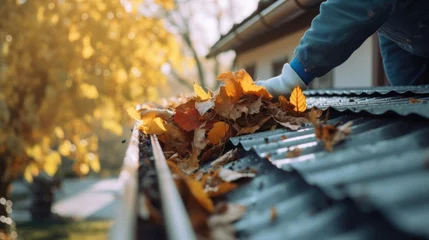 Fotobehang A person cleaning leaves from a gutter. Suitable for home maintenance and landscaping themes © Fotograf