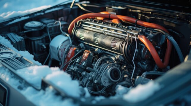 A car engine covered in snow. This image can be used to depict winter driving, car maintenance, or the effects of extreme weather conditions on vehicles