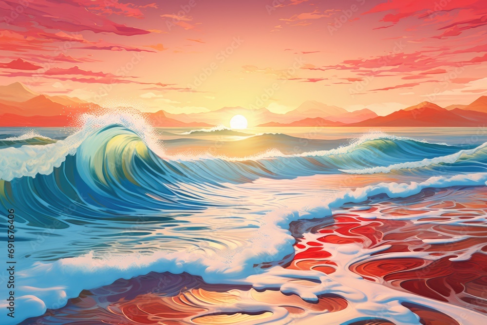 Poster a beautiful painting capturing a sunset over the ocean. perfect for adding a serene touch to any spa