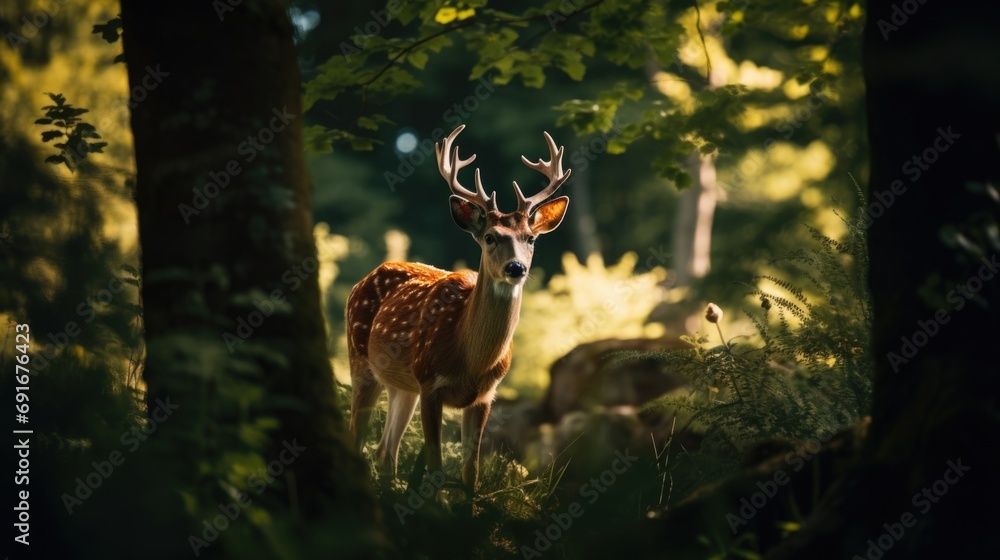 Poster a deer standing in the middle of a forest. suitable for nature and wildlife themes