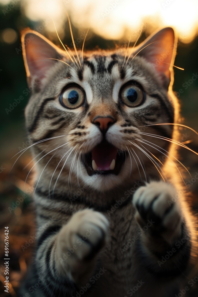 Poster A close-up shot of a cat showing its open mouth. Perfect for capturing the unique expressions and behaviors of cats. Ideal for pet-related websites, blogs, and articles