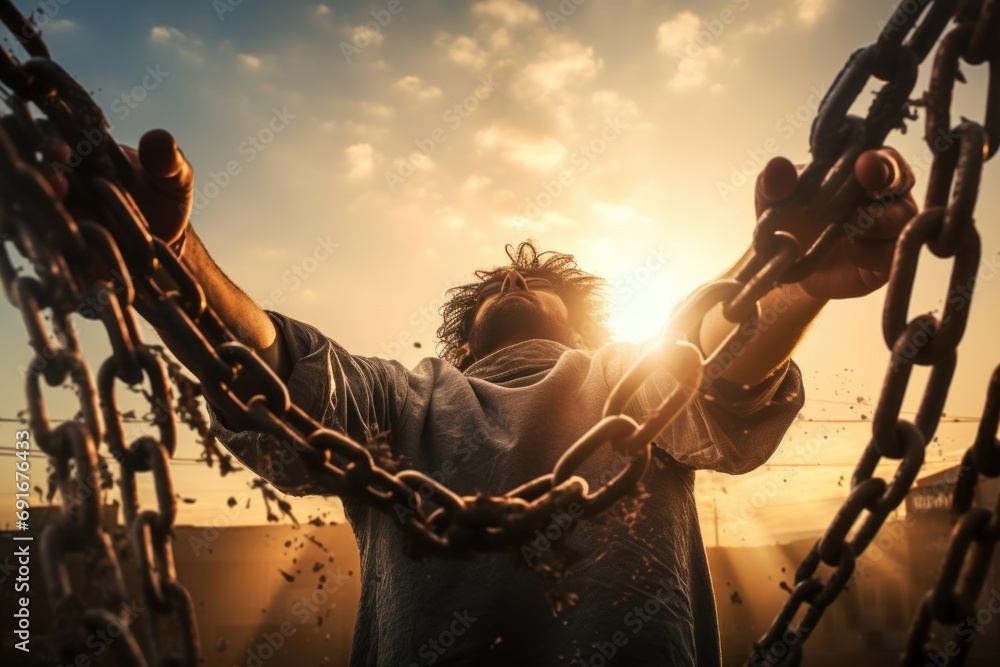 Poster a powerful image of a man holding a chain in front of the vibrant sun. this picture can be used to r