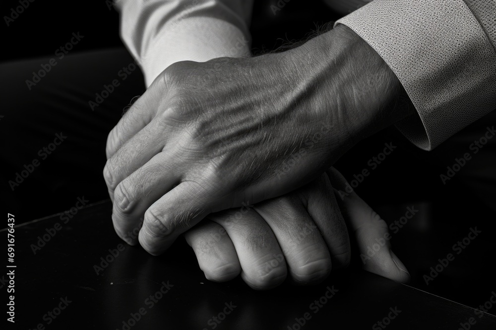 Aufkleber A close-up view of a person's hands resting on a table. This image can be used to depict concepts of work, productivity, creativity, or collaboration