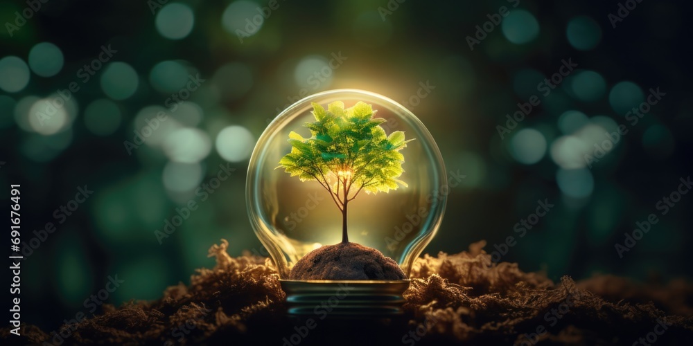 Poster A unique and creative image of a light bulb with a tree inside. Perfect for illustrating concepts such as innovation, growth, and sustainability.