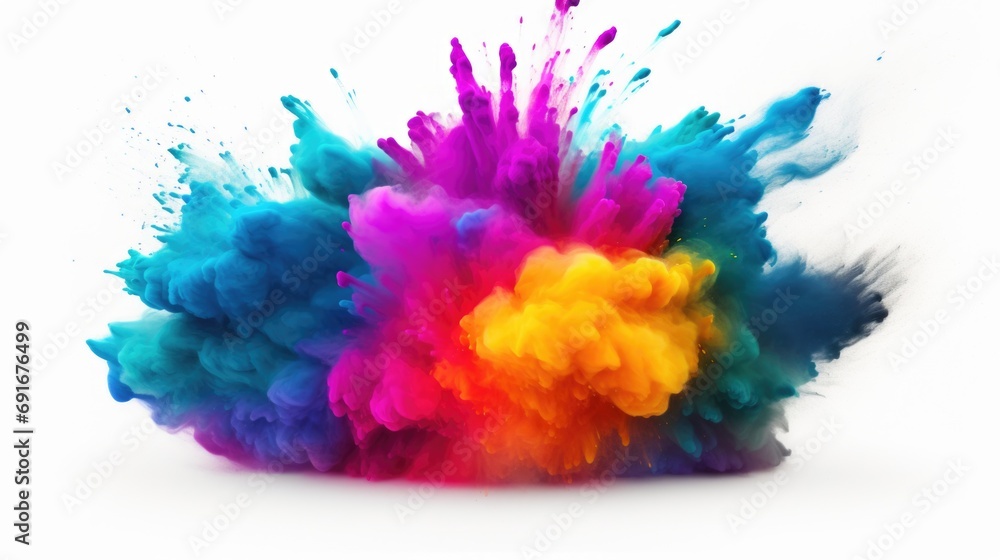 Poster A vibrant and dynamic explosion of colorful powder on a clean white background. This image can be used to add a burst of energy and excitement to various projects