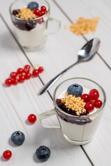 frischer Johhurt mit jahennesbeeren, Blaubeeren in einer Tasse auf hellem Untergrund