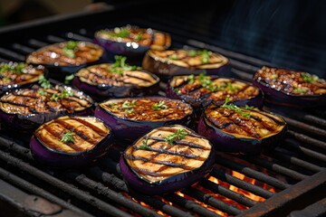 Grilled eggplants with herbs and spices on a barbecue grill, over an open flame.