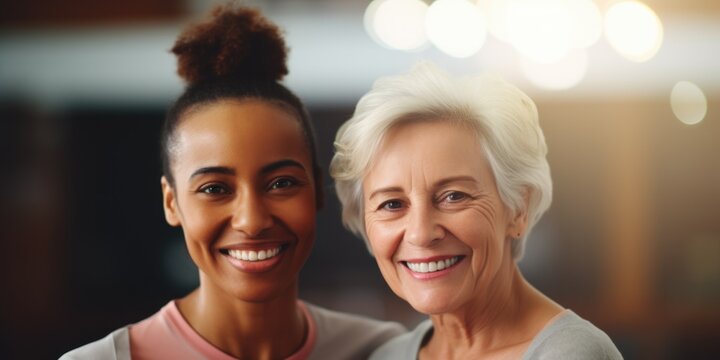 Two women happily posing for a photo. Ideal for capturing joyful moments and friendship.