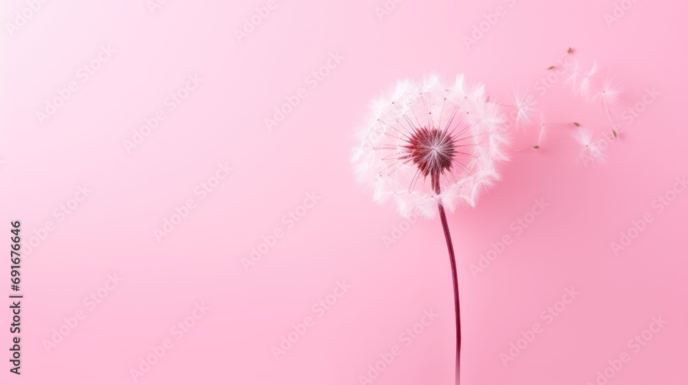 Poster a dandelion on a pink background with copy - space in the middle of the dandelion is in the center o