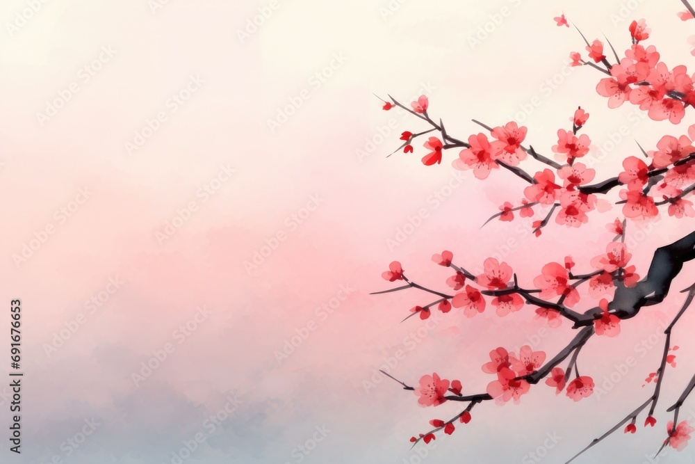 Poster A close-up view of a branch from a cherry tree with beautiful pink flowers. Perfect for adding a touch of nature and elegance to any project