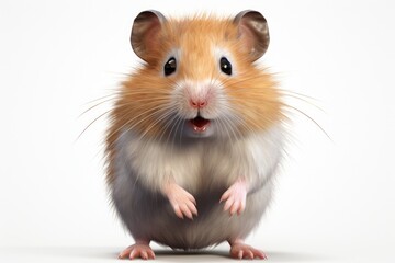A cute brown and white hamster standing upright on its hind legs. This image can be used to depict curiosity, alertness, or small animal behavior