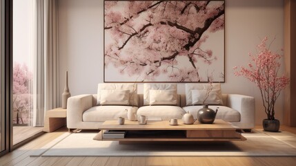 A modern living room with a cherry blossom theme, featuring a white sofa, wooden coffee table, and large window.