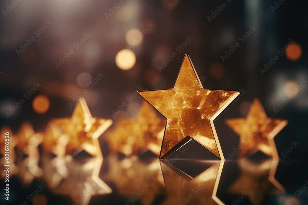 Poster Golden stars arranged in a group on a table. Perfect for adding a touch of elegance and sparkle to any project or design