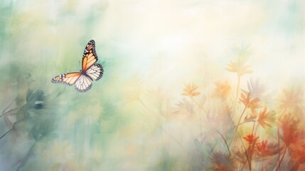  a painting of a butterfly flying in the air over a field of wildflowers with a blurry background of green, yellow, red, orange and blue.