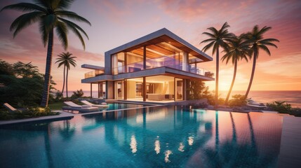 Fototapeta premium A modern beach house with a pool, surrounded by palm trees, overlooking the ocean at sunset.
