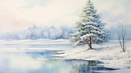 A picturesque winter scene with a small Christmas tree by a frozen lake, watercolor style, charming illustrations, xmas, new year, with copy space