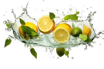 Fresh lemons and limes being dropped into a bowl of water, creating a vibrant and refreshing splash. Perfect for food and drink concepts, summer recipes, and healthy lifestyle themes - Powered by Adobe