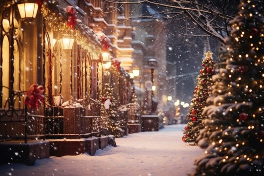 A picturesque scene of a snowy street adorned with Christmas trees and festive lights. Perfect for holiday-themed designs and winter promotions