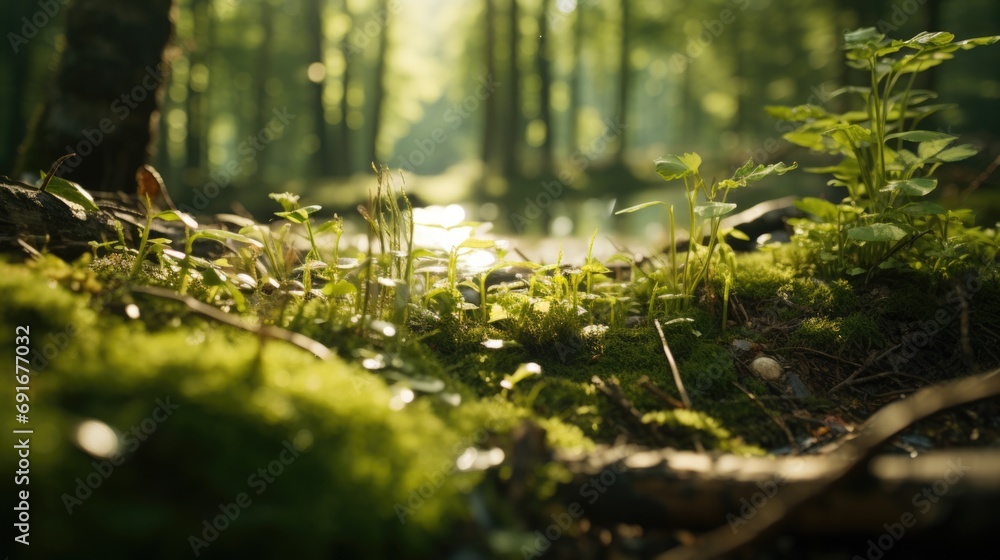 Poster sunlight streaming through the trees in a beautiful forest. perfect for nature-themed designs and ba