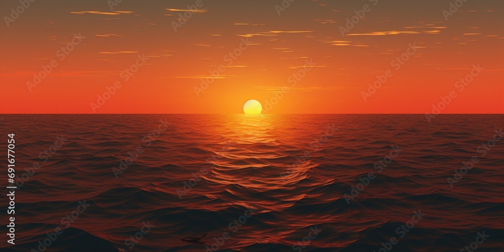 Poster a beautiful image of the sun setting over the ocean, with waves crashing against the shore. perfect 