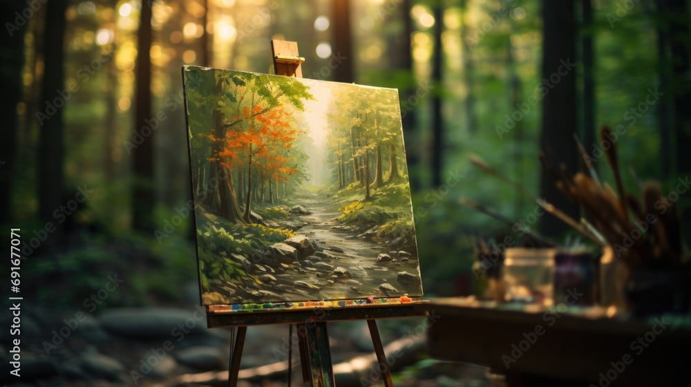 Poster a painting of a path in the woods. suitable for nature enthusiasts and art lovers