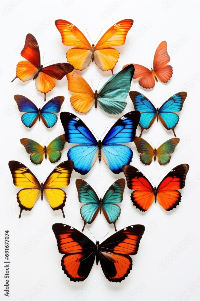 Poster A group of vibrant butterflies resting on a white surface. Perfect for adding a touch of nature and beauty to any project or design