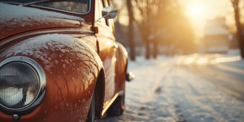 A detailed view of a car covered in snow. This image can be used to depict winter weather conditions or as a symbol of a winter road trip. (81 symbols) - obrazy, fototapety, plakaty